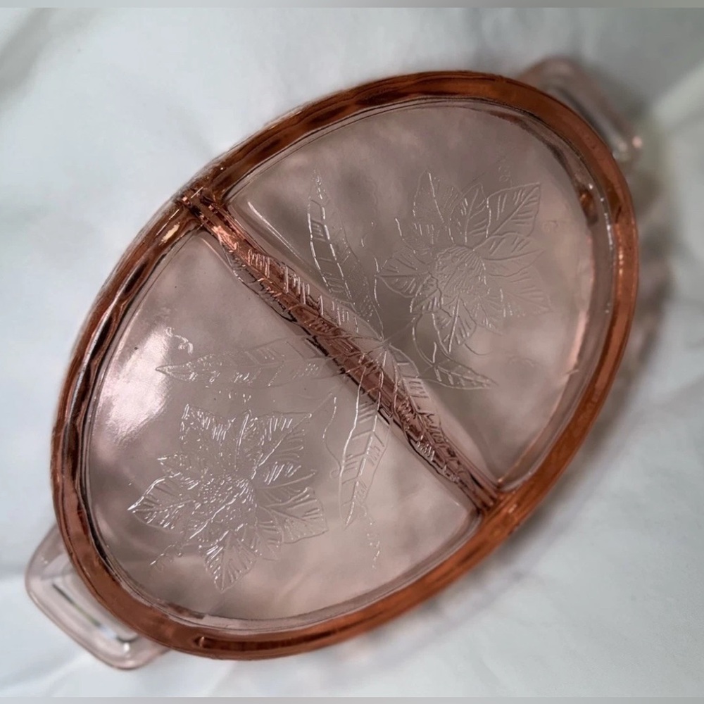 Vintage Jeanette Poinsettia Pink Depression Selenium Glass Divided Relish Dish - Picture 2 of 7